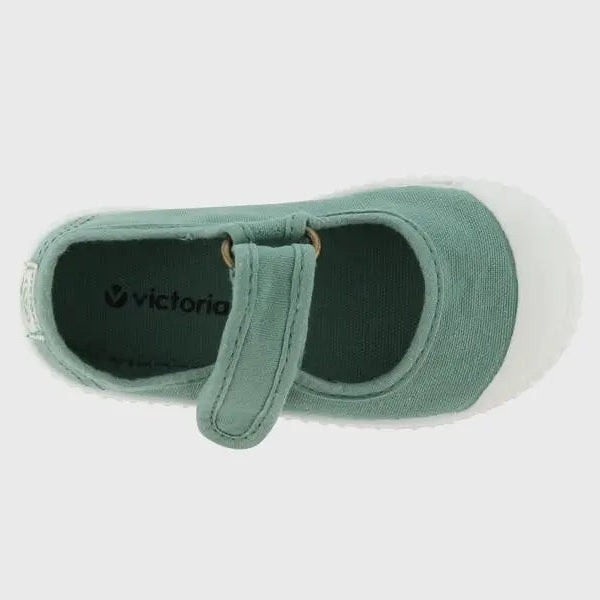 Victoria Shoes Bar Dyed Canvas Jade baby shoe with Velcro strap fastened across jade canvas.