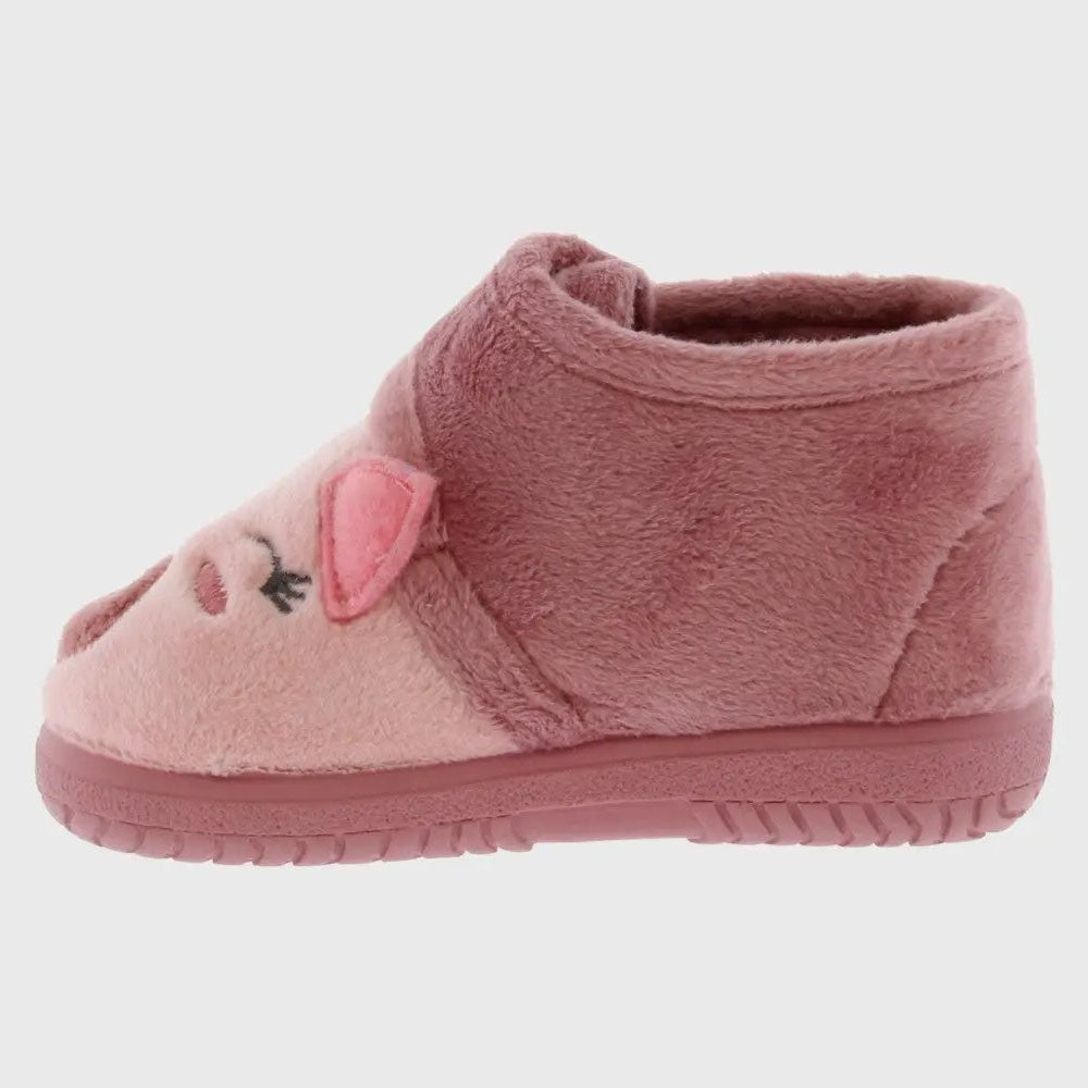 Victoria Shoes Ojala Animales Merlot baby bootie in plush pink fleece with an animal-face detail visible on the strap.