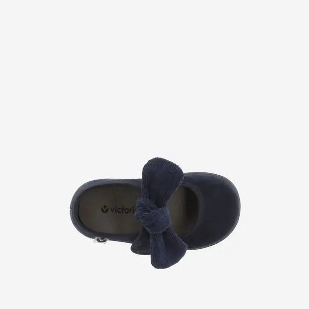 Victoria Shoes Ojalá Suede Imitation Mary Jane in navy with a large corduroy bow on top
