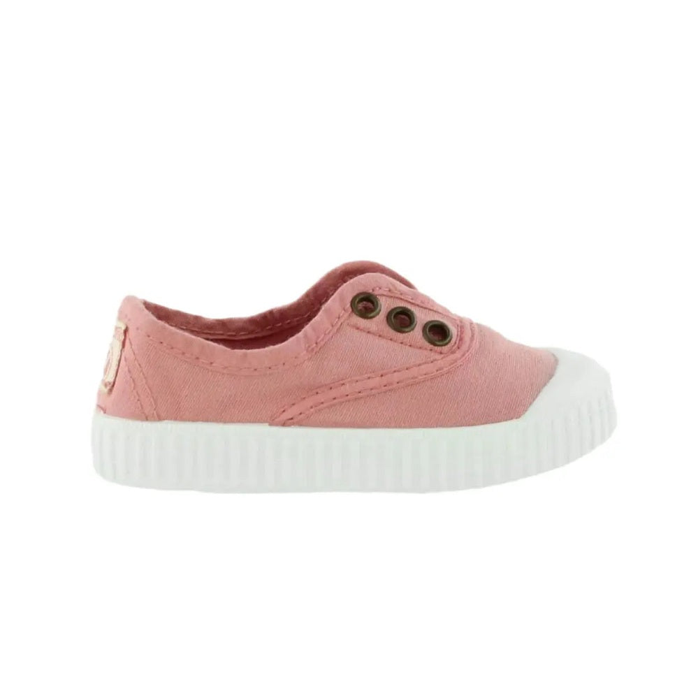 Victoria Shoes Rubber Toecap Canvas Nude pink toddler sneaker with white sole and rubber toe cap