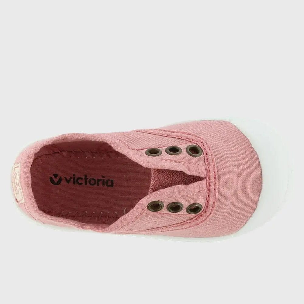 Victoria Shoes Rubber Toecap Canvas Nude pink kids' sneakers; top view shows eyelets and white rubber toe cap.