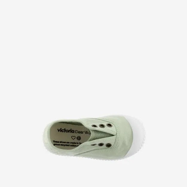 Victoria Shoes Rubber Toecap Canvas Tin Wasabi seen from above, showcasing the rubber toe cap and metal eyelets.