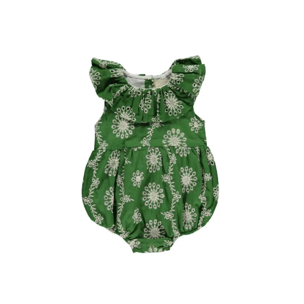 Vignette Maya Bubble Green Eyelet romper for babies, with ruffled sleeves and gathered bubble legs.