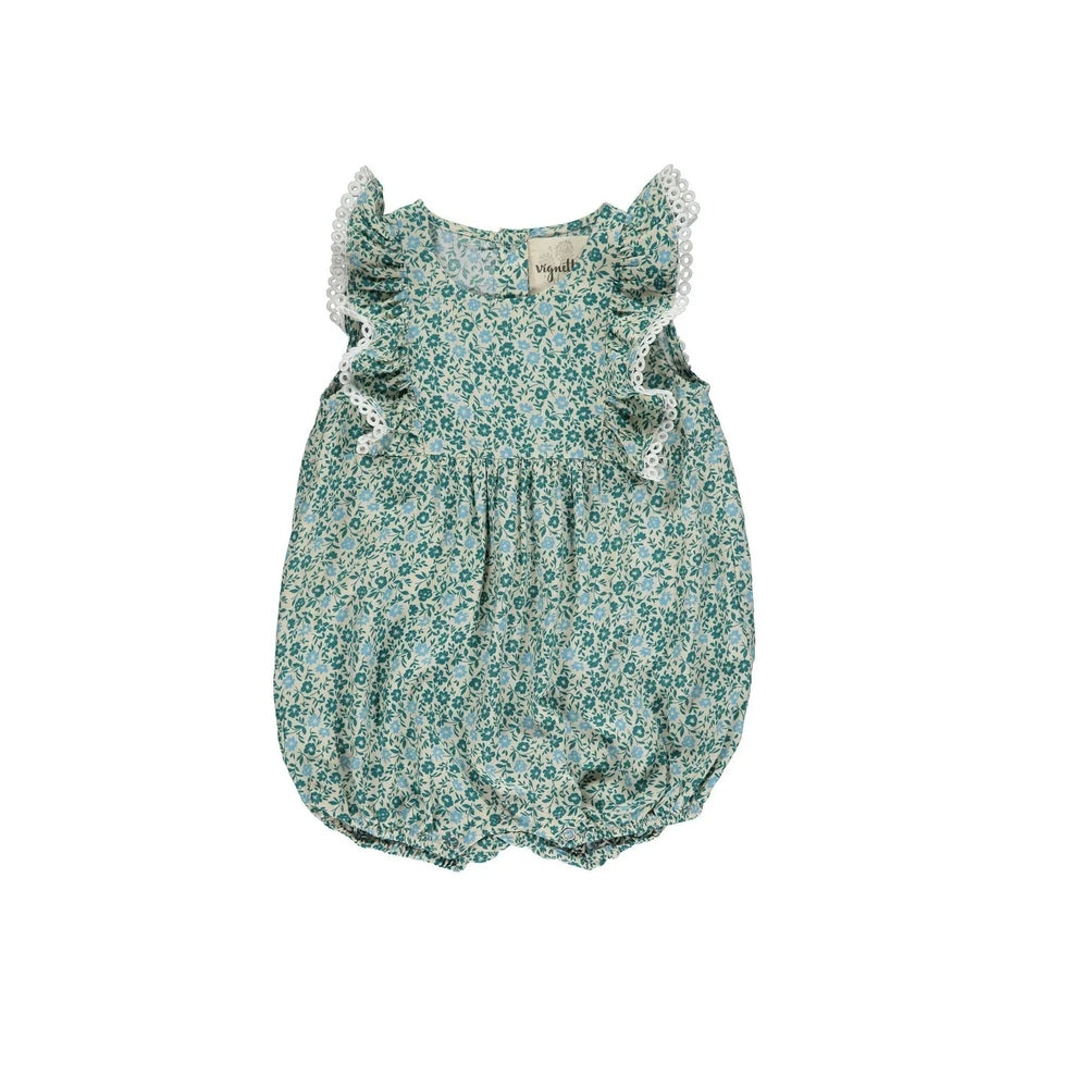 Vignette Poppy Bubble Teal Ditsy Floral baby romper shown laid flat with ruffled sleeves and lace trim