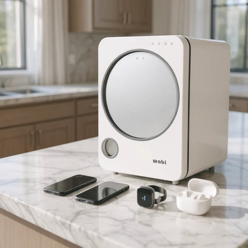 Wabi Baby UVC LED Sanitizer & Dryer REV, white compact unit on a kitchen counter with smartphones nearby.
