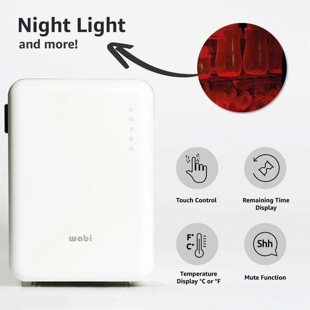 Wabi Baby UV Sterilizer & Dryer 360, white compact unit with touch control and temp/time display