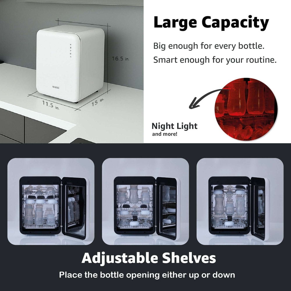 Wabi Baby UVC LED Sterilizer & Dryer 360, white compact bottle sterilizer with adjustable shelves
