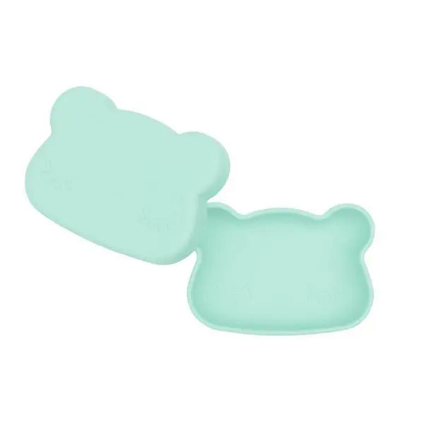 We Might Be Tiny Bear Snackie silicone snack tray in mint green, two connected bear shapes ready for snacks.