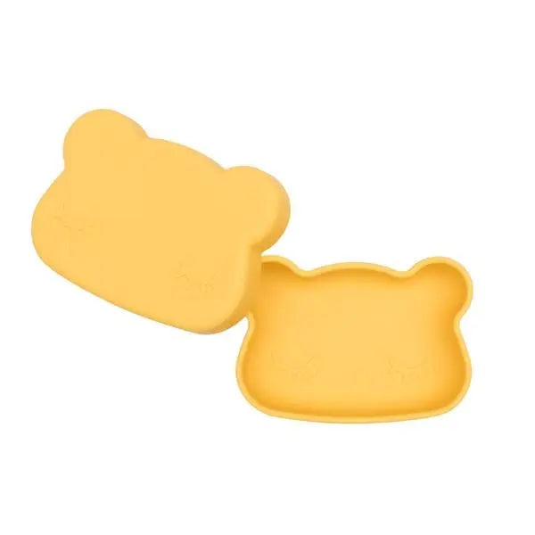 We Might Be Tiny Bear Snackie yellow silicone bear-shaped snack trays, set of 2, laid flat for easy serving.