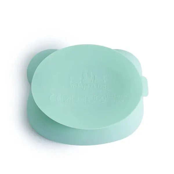 We Might Be Tiny Bear Stickie Bowl mint green silicone, shown stuck to a surface with its suction base