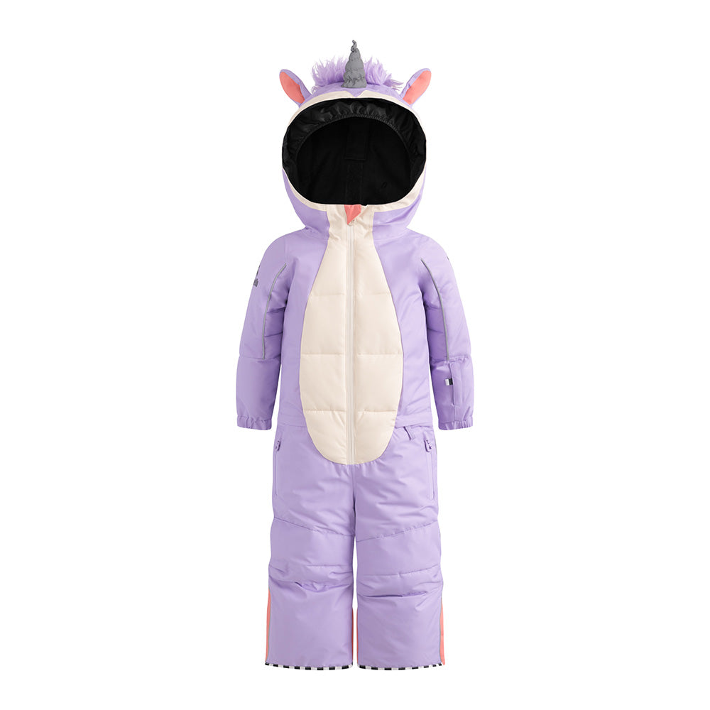 Weedo Lila Unicorn Snowsuit for babies in lilac with cream front; hooded with horn and zipper for cold-weather play.