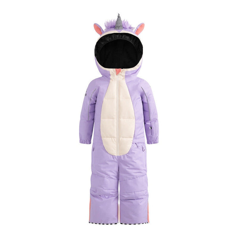 WEEDO Lila Unicorn Snowsuit in lavender with cream front; front zipper and hood with horn and ears.