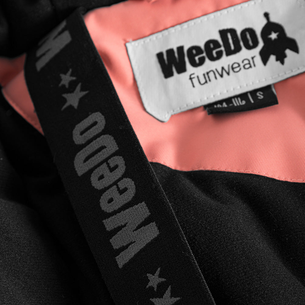 Weedo Lila Unicorn Snowsuit for babies; pink lining with WEEDO branding on a black strap, cozy outerwear