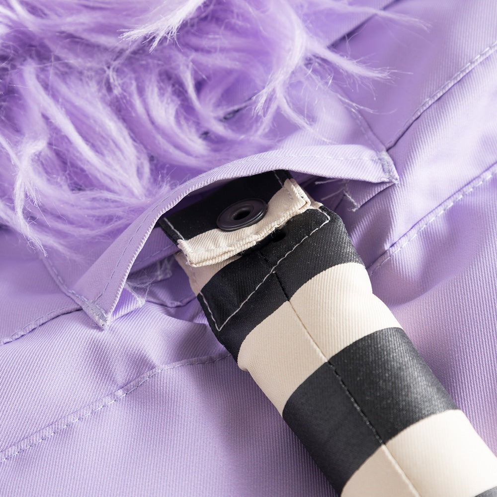 Weedo Lila Unicorn Snowsuit in lavender with faux fur hood; striped black-and-beige accent strap fastened by a snap.