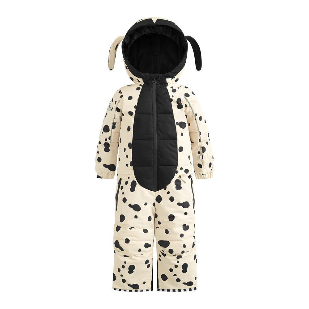 WEEDO Puppydo Snowsuit in beige with black polka dots, black chest panel, hooded and zipped.
