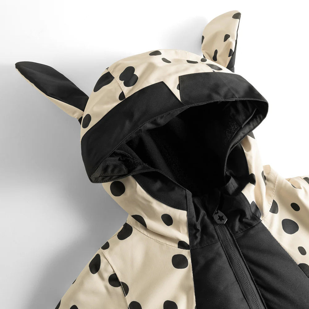 Weedo Puppydo Snowsuit for babies in beige with black polka dots, hood with ears, front zipper shown.