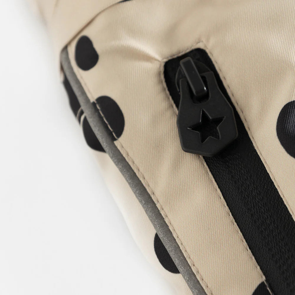 Weedo Puppydo Snowsuit in beige with black polka dots; star-shaped zipper pull shown on toddler outerwear.