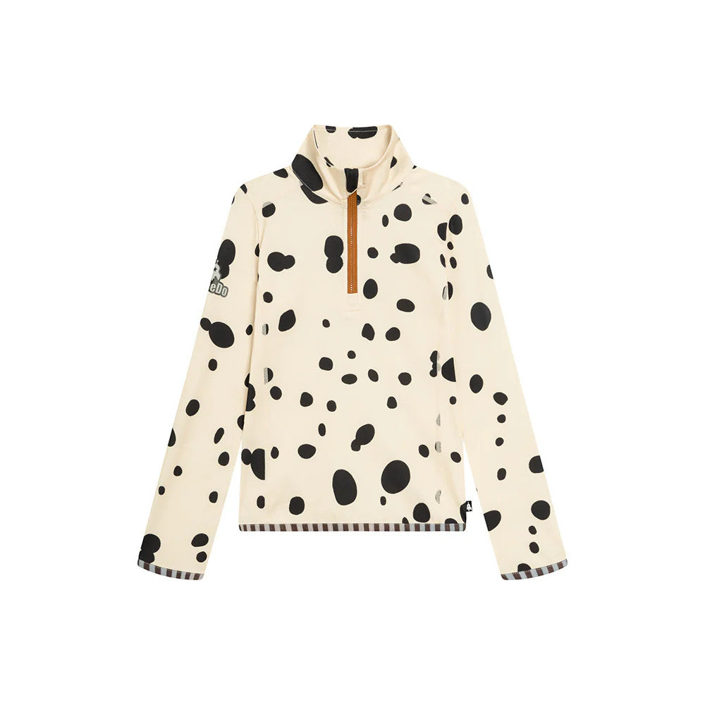 Weedo Puppydo Thermoshirt for babies, cream with black polka dots, brown zip placket shown flat.