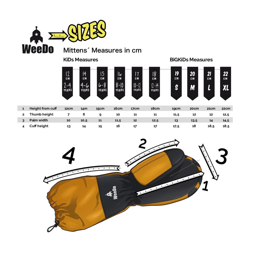 Weedo Unido Gold Mittens grooming gloves in gold and black, shown beside a size chart to demonstrate fit.