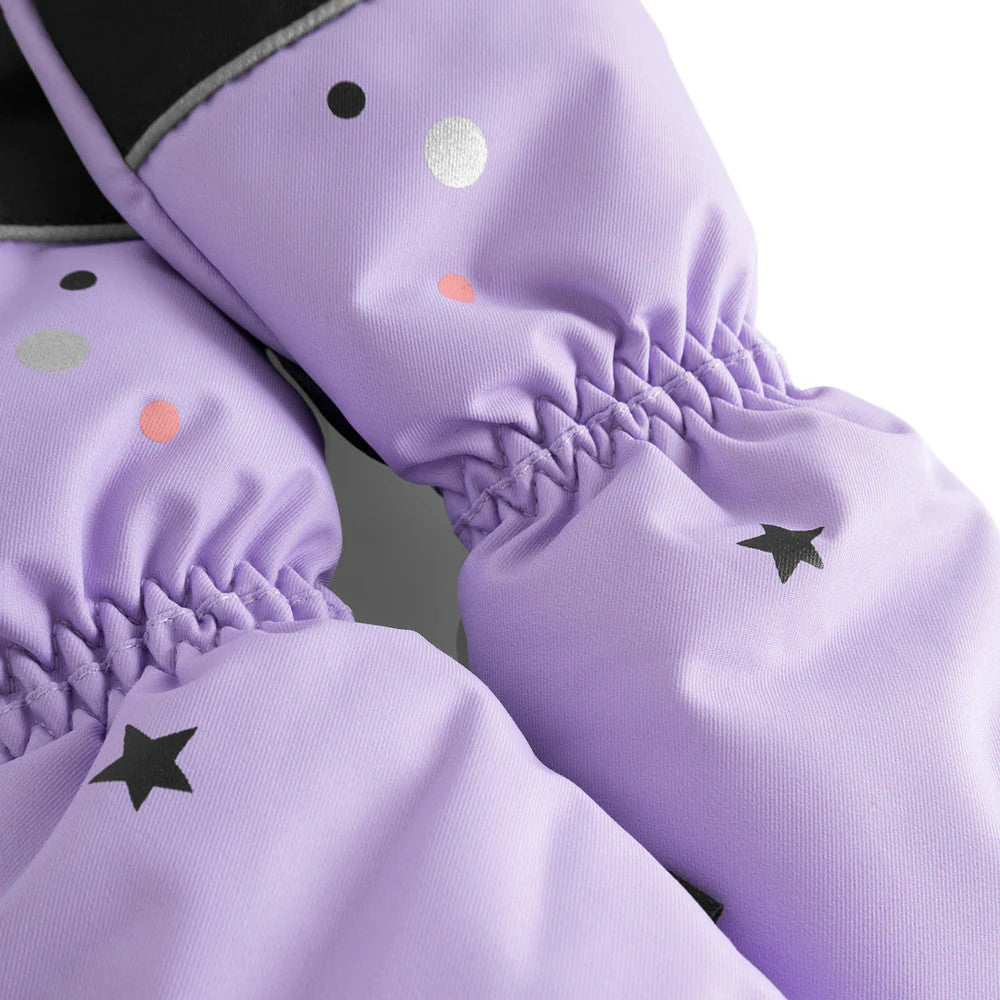 Weedo Unido Purple Gloves with elastic cuffs securing around the wrist, featuring black stars and pastel dots.