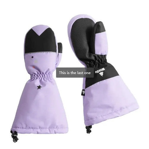 Weedo Unido Purple Gloves two-pack, lavender with black palms and adjustable cuffs, displayed for winter warmth.