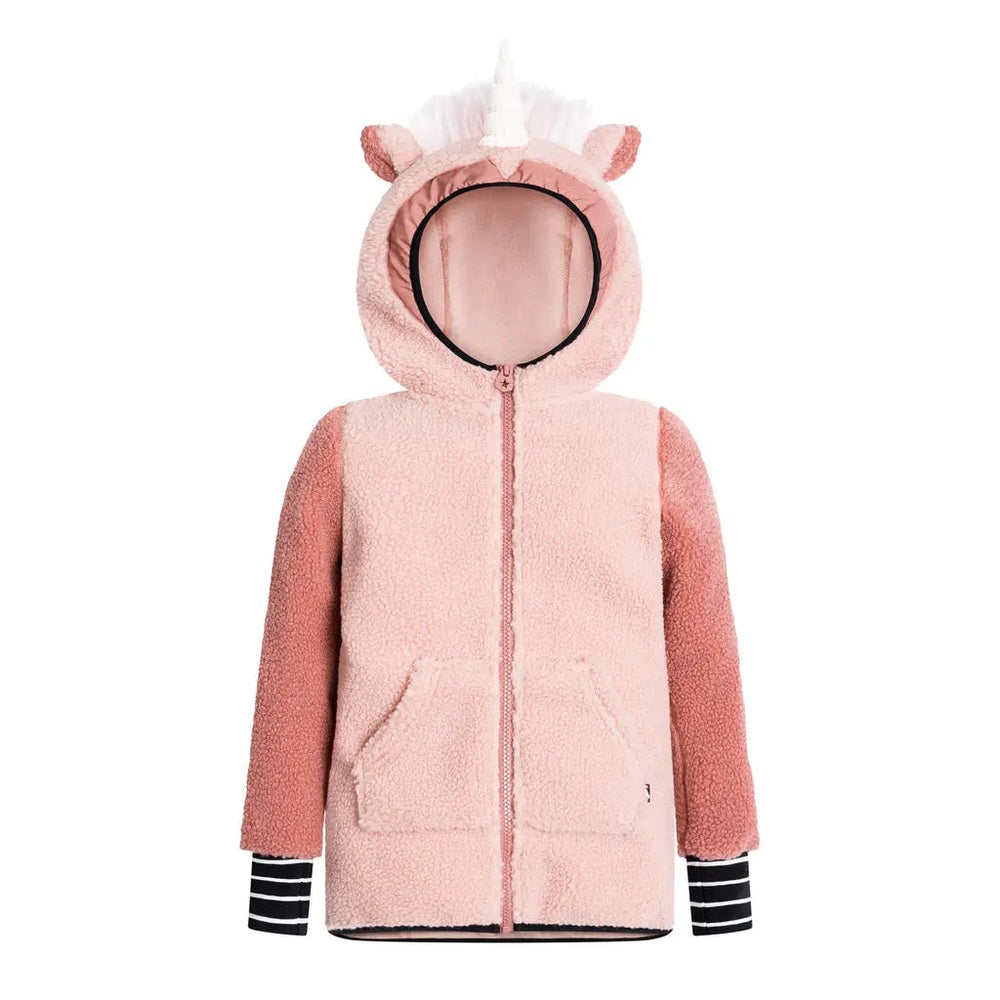 Weedo Unido Unicorn Fleece Jacket for kids; pink two-tone hooded coat with ears, horn, zip front and pockets.