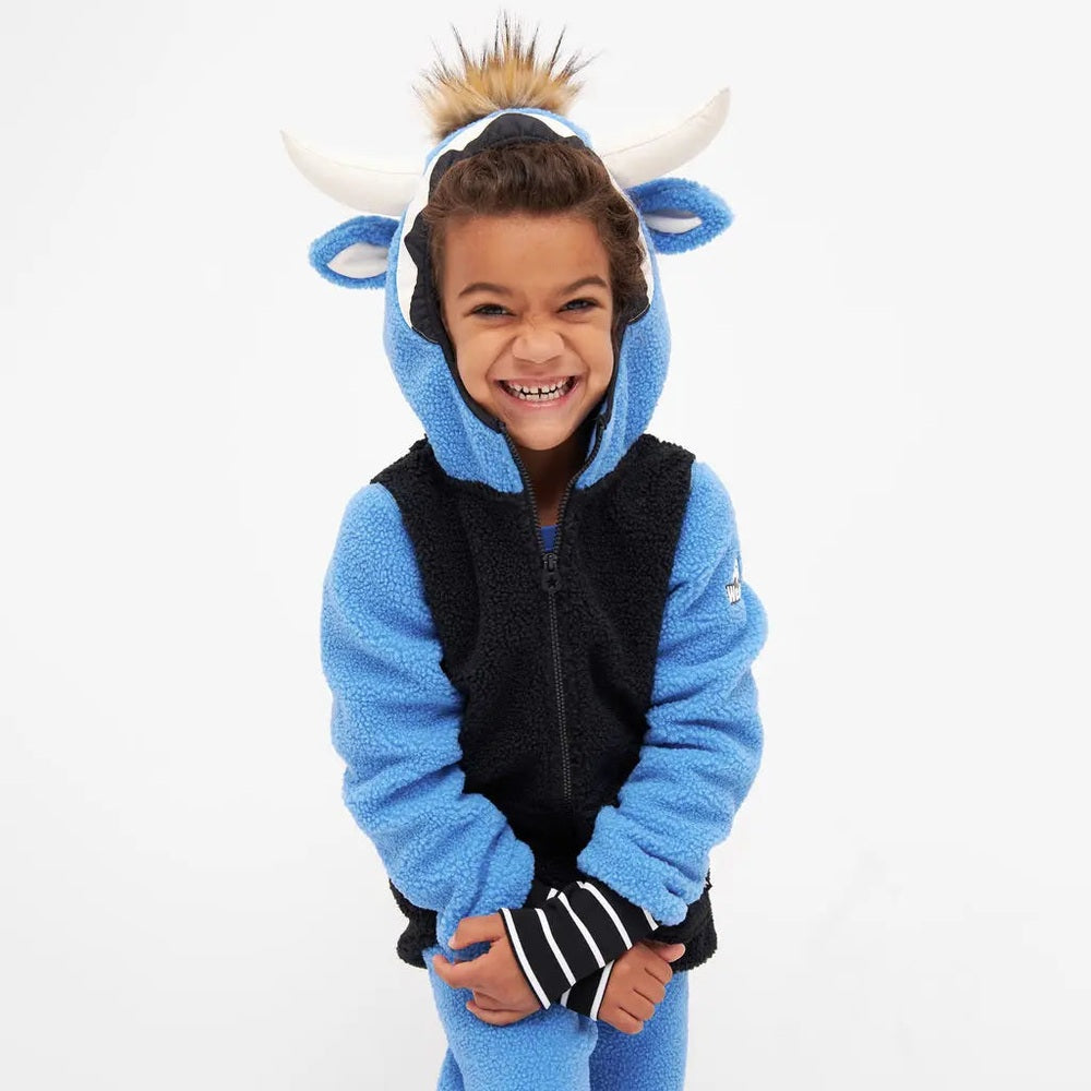Weedo Wild Thing Fleece Jacket worn by a smiling child; blue and black zip-front fleece with horned ears.