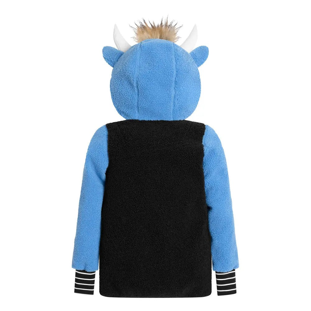 Weedo Wild Thing Fleece Jacket in blue sleeves and black body, back view shows soft fleece and striped cuffs.