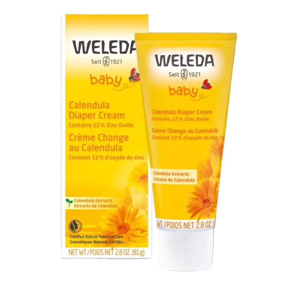 Weleda Calendula Diaper Cream 2.8 oz tube beside box, showing calendula extracts and 12% zinc oxide for diaper rash.