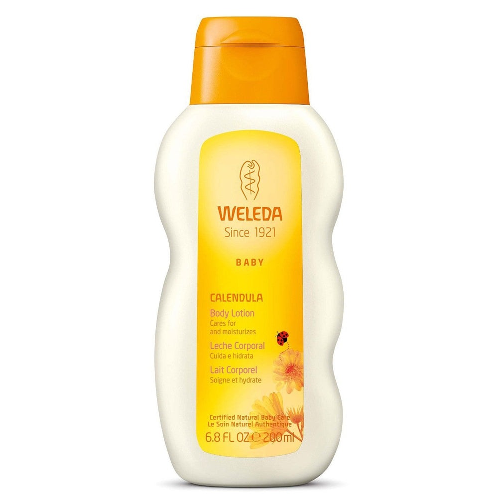 Weleda Comforting Body Lotion 6.8 oz for babies, white bottle with orange cap and yellow calendula label.