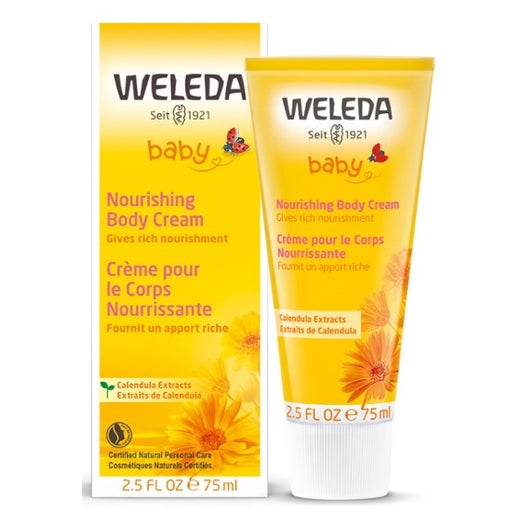 Weleda Nourishing Body Cream for baby, yellow packaging with calendula extracts; box and tube shown side by side.