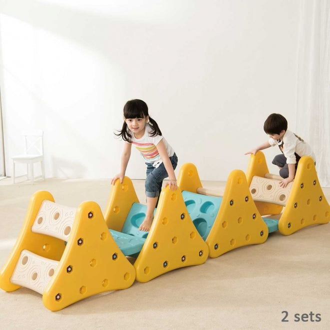 WEPLAY Over The Mountain activity toy sets; yellow triangular climbing blocks with blue and white steps for kids (2 sets)