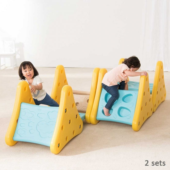 Weplay Over The Mountain activity toy set, yellow climbing frames with blue panels for toddlers (2 sets)