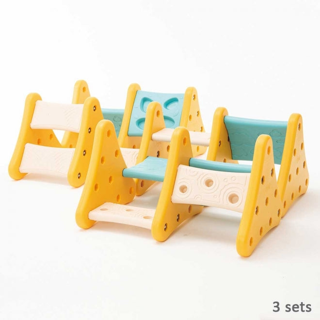 Weplay Over The Mountain wooden balance ramp set, 3 pieces with yellow ends and teal platforms.