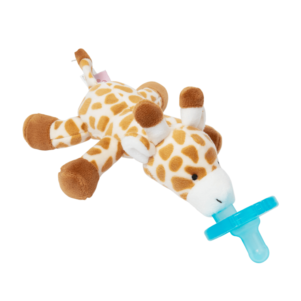 WubbaNub Infant Plush Toy Pacifier Giraffe from Aurora, soft giraffe plush with a blue pacifier held in its mouth.