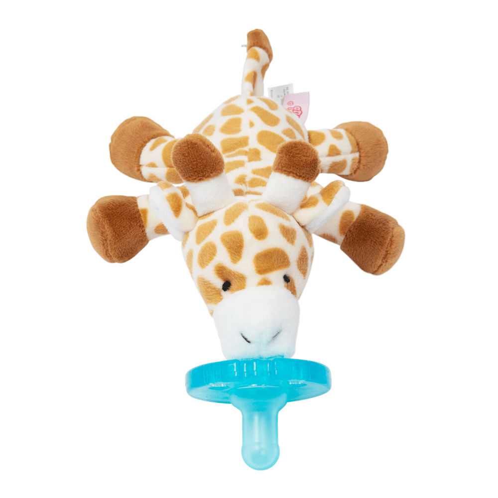 Aurora WubbaNub Infant Plush Toy Pacifier Giraffe with blue pacifier attached in its mouth, soft plush giraffe