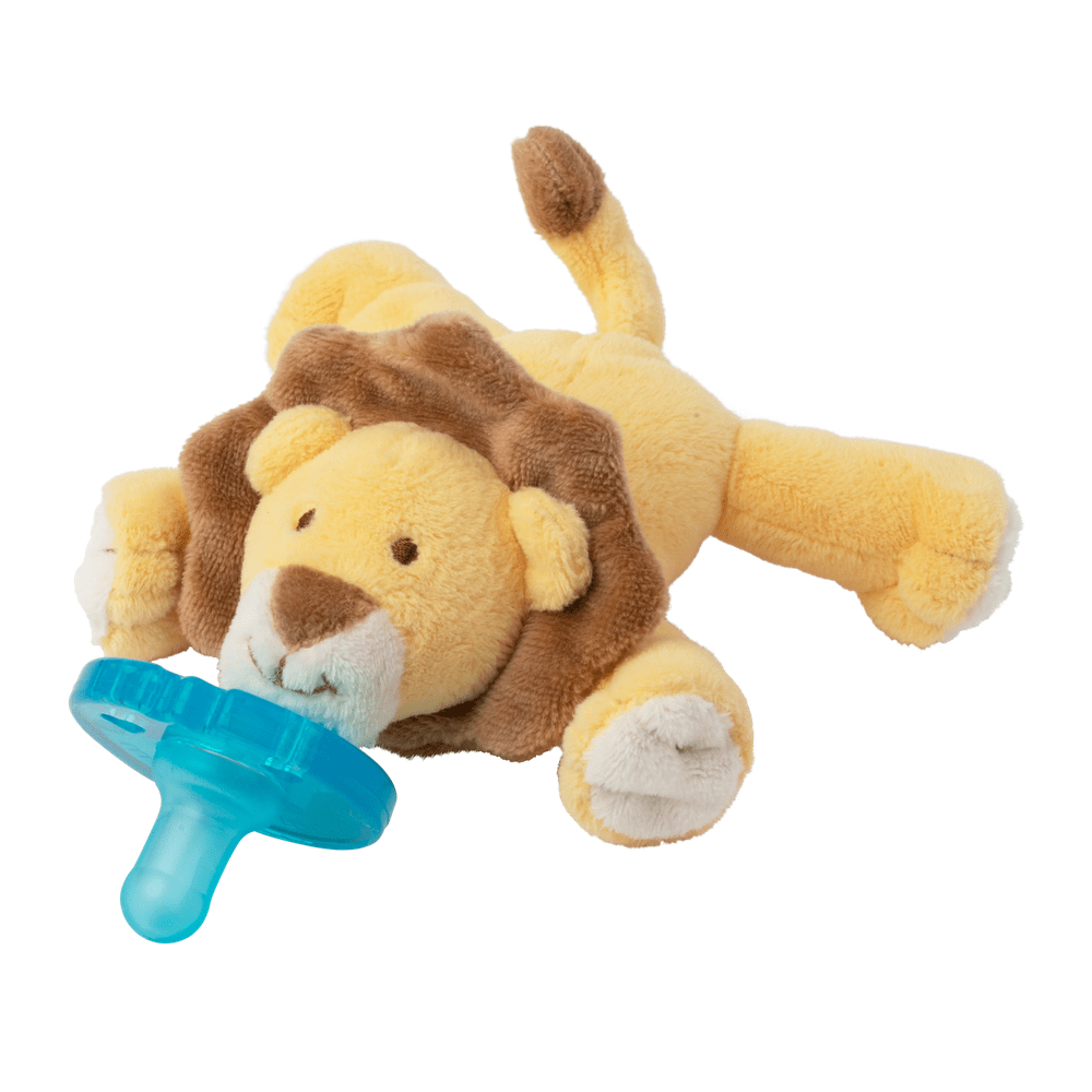 WubbaNub Infant Plush Toy Pacifier Lion from Aurora, yellow lion with brown mane cuddling a blue pacifier.