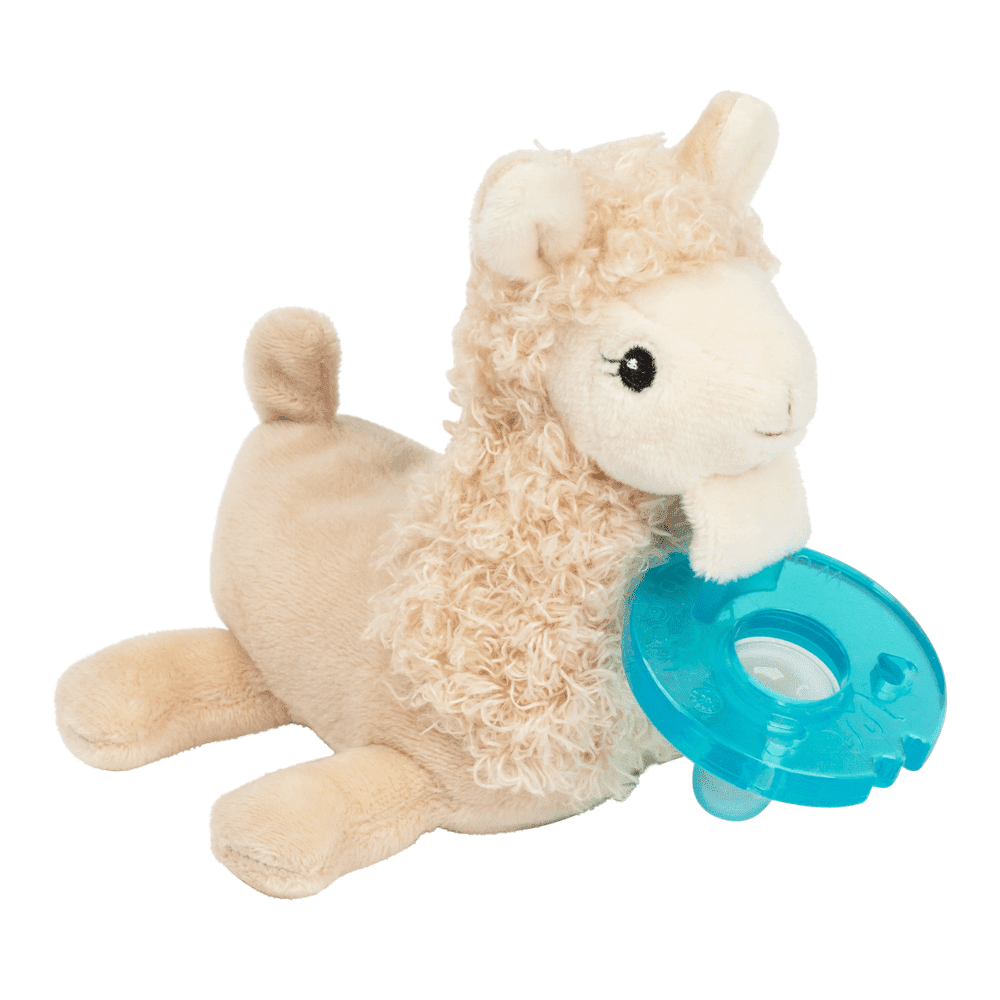 WubbaNub Infant Plush Toy Pacifier Llama by Aurora, plush llama holding a blue pacifier in its mouth