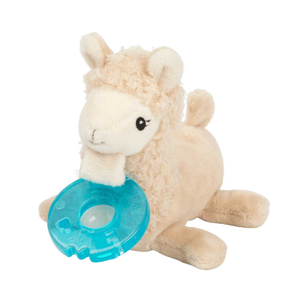 WubbaNub Infant Plush Toy Pacifier Llama by Aurora, beige llama with attached blue pacifier ring