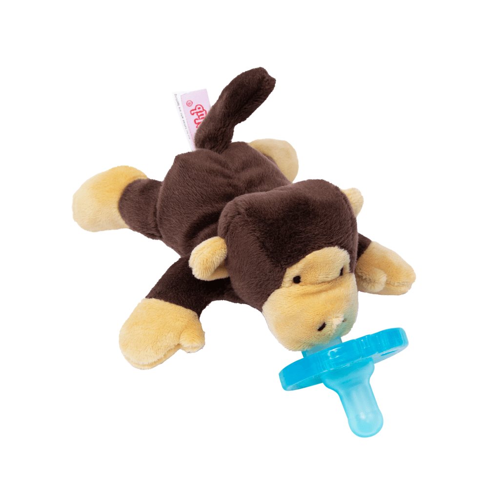 WubbaNub Infant Plush Toy Pacifier Monkey by Aurora, brown plush monkey with blue pacifier in mouth.