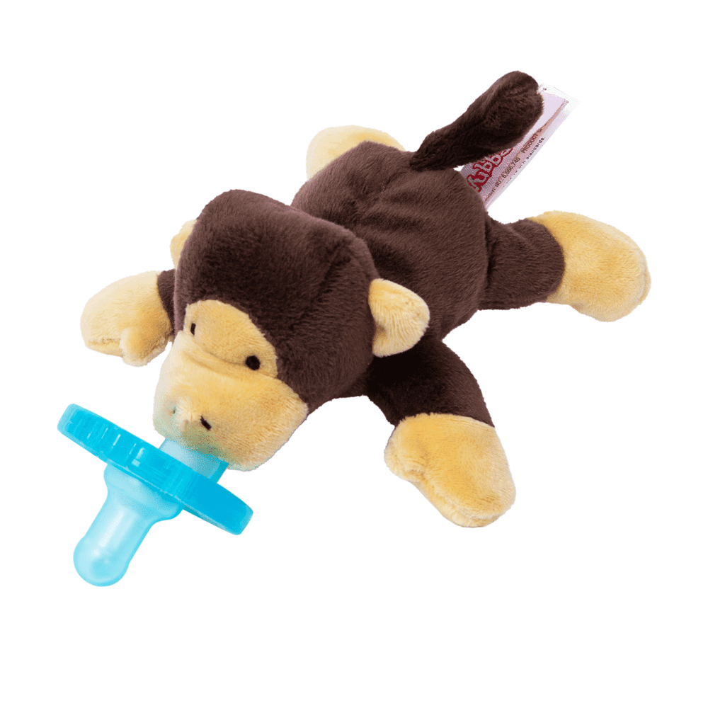 WubbaNub Infant Plush Toy Pacifier Monkey in brown with a blue pacifier held in its mouth.