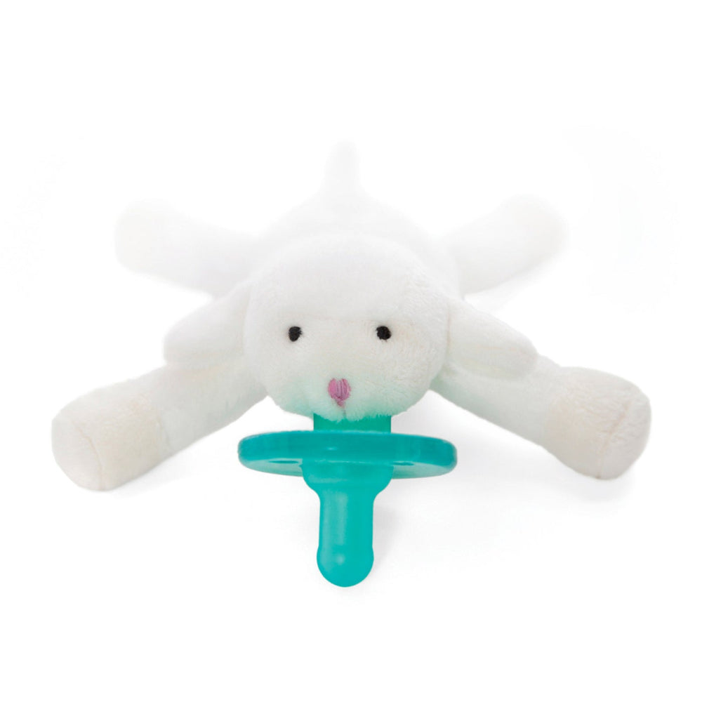 Wubbanub baby pacifier with white lamb plush and turquoise handle