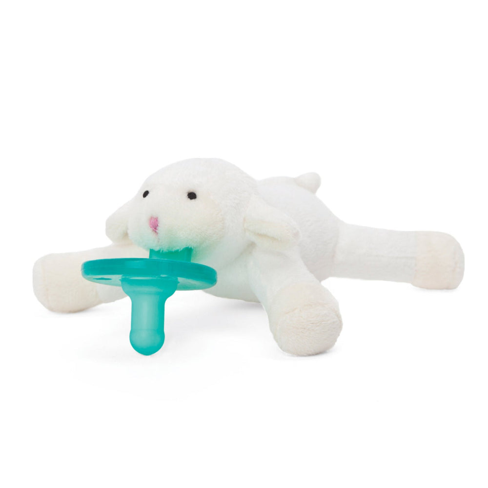 Wubbanub plush lamb pacifier with teal attachment for soothing baby