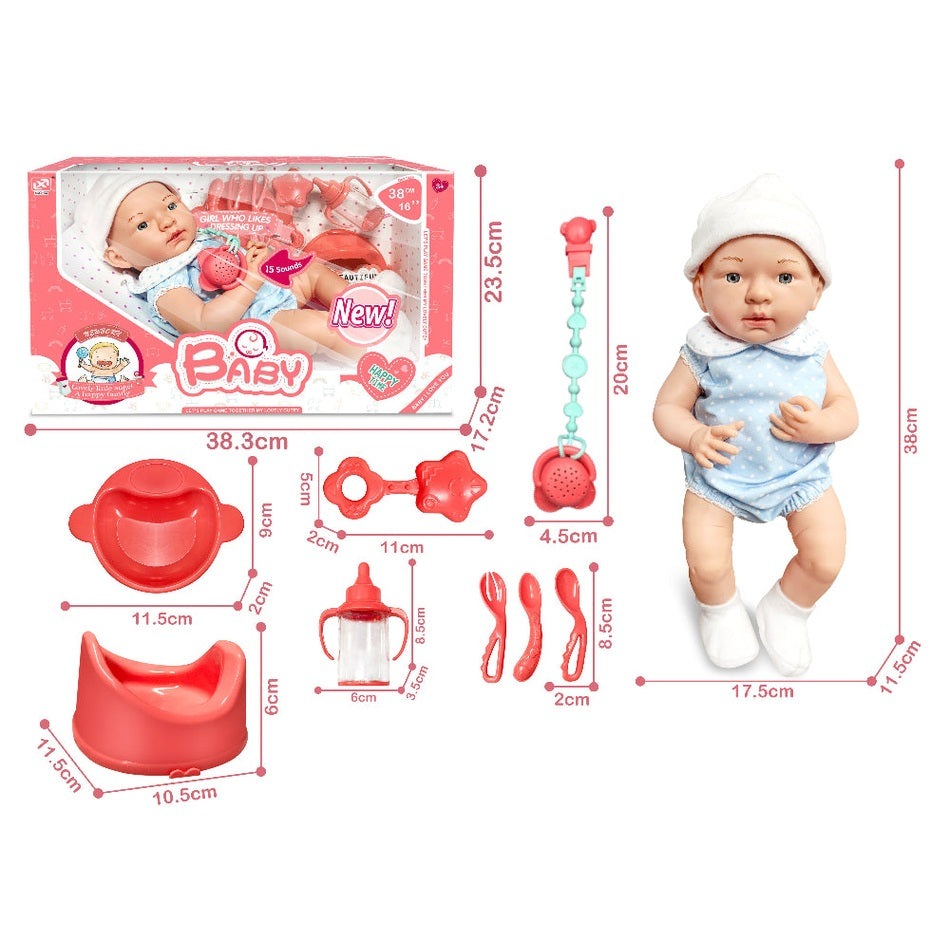 Xinle Tong Cotton Doll Blue; blue-clothed doll with white hat and red feeding accessories in packaging