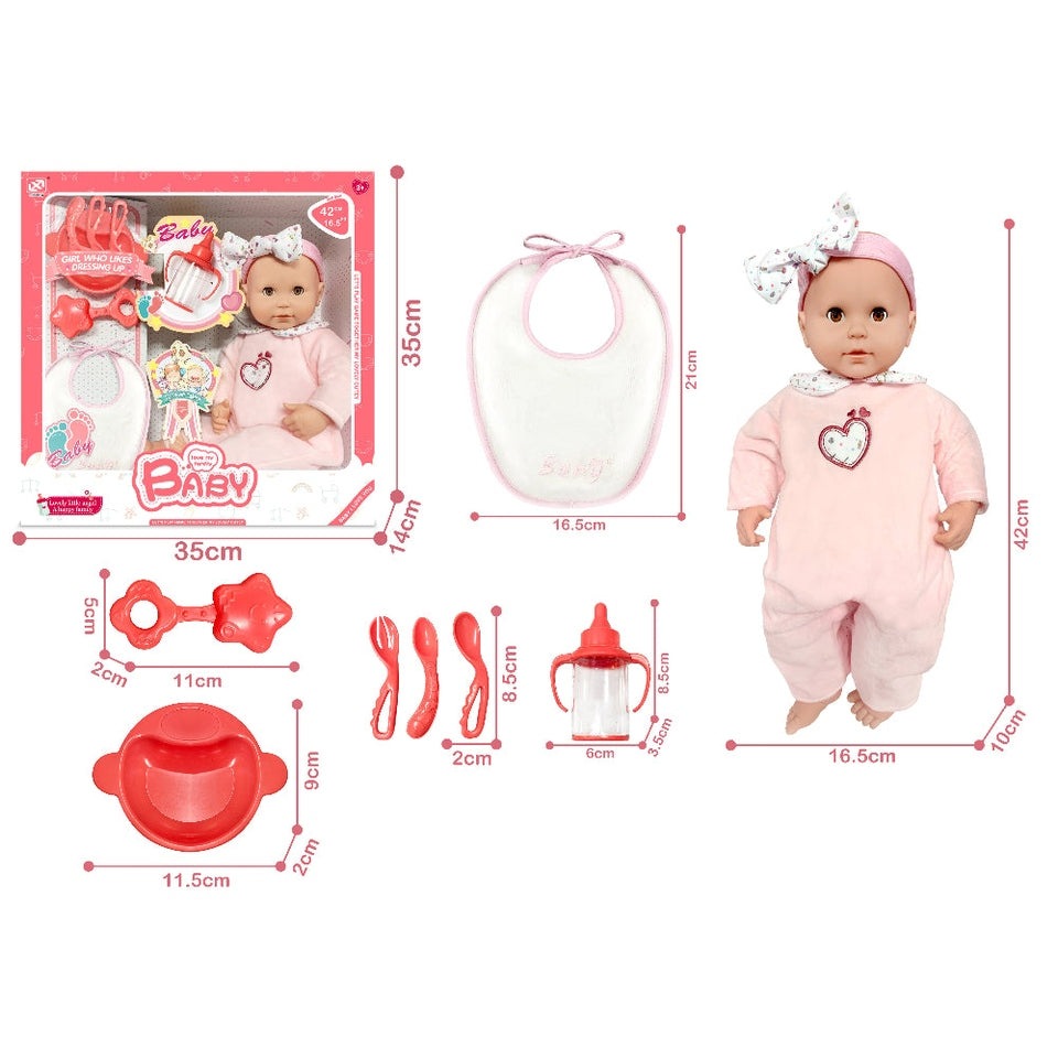 Xinle Toys Xinle Tong cotton doll hair band set with pink bow; doll in pink outfit and care accessories