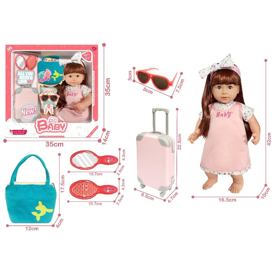 Xinle Tong cotton doll with long brown hair in pink dress and travel set including pink suitcase, tote bag, and sunglasses