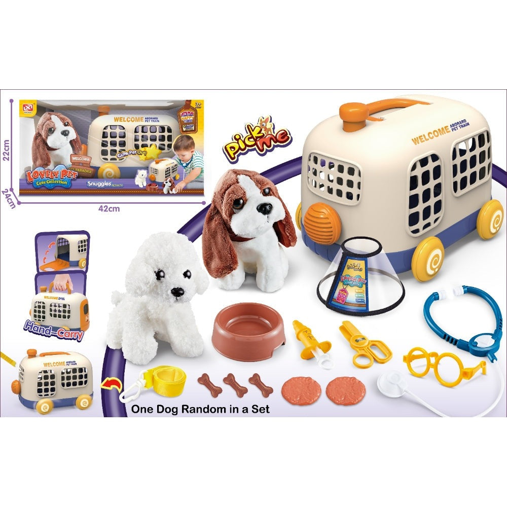 Xinle Tong plush pet dog toy set with a bus vehicle and pretend-play accessories for kids