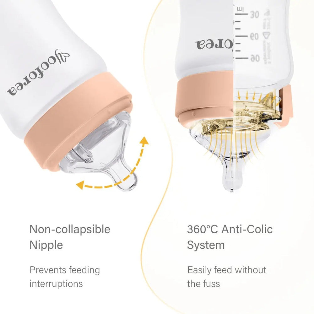 Yooforea Silicone Coated Glass Baby Bottle 3oz/90ml with non-collapsible nipple demonstrated feeding and 360° anti-colic system.