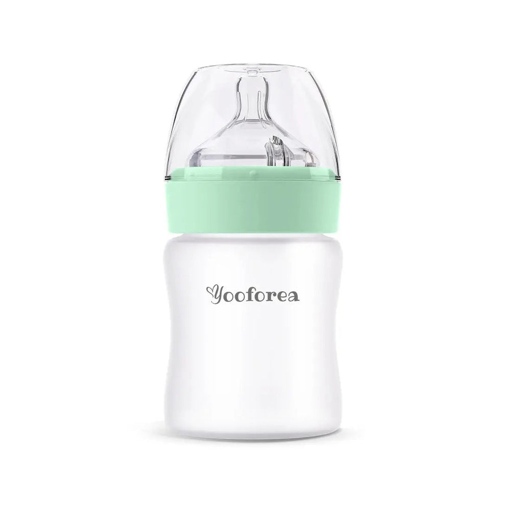 Yooforea Silicone Coated Glass Baby Bottle 5Oz/150Ml with mint-green collar, standing upright.