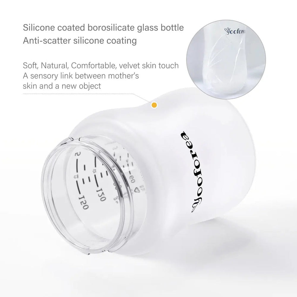 Yooforea Silicone Coated Glass Baby Bottle 5Oz/150ml, white glass with anti-scatter silicone coating; inset shows the coating.